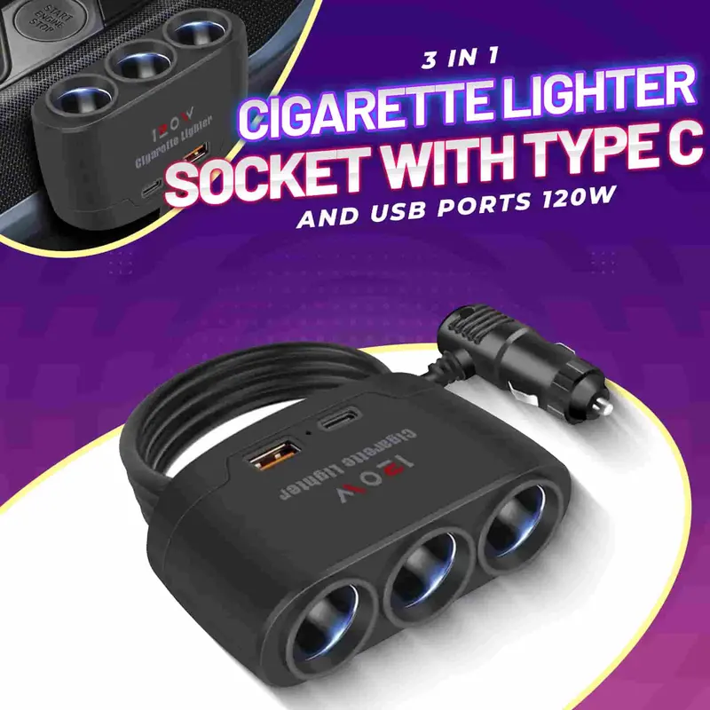 3 In 1 Cigarette Lighter Socket With Type C And Usb Ports 120W 1