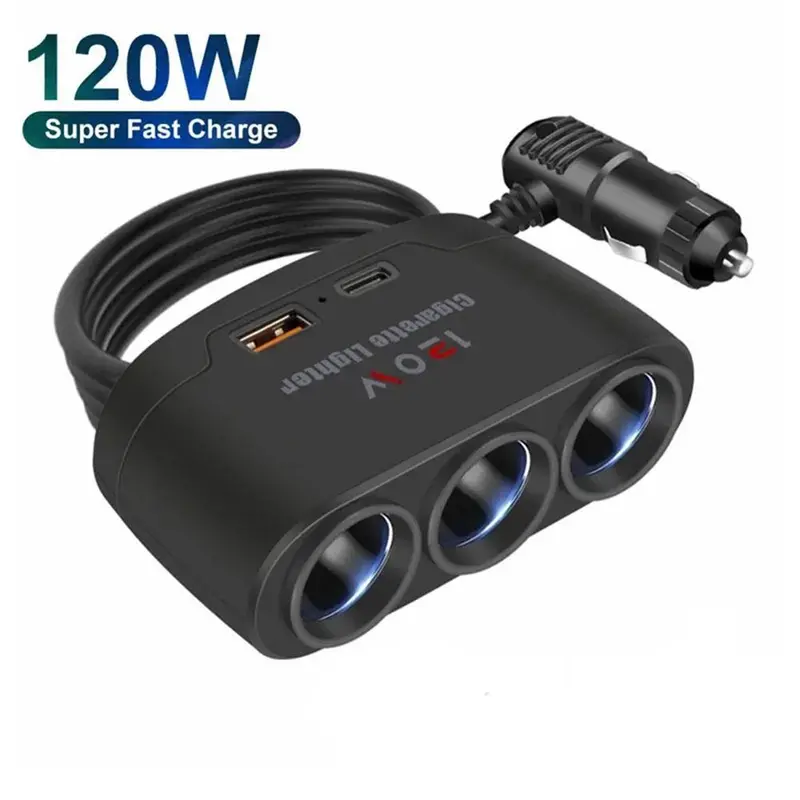 3 In 1 Cigarette Lighter Socket With Type C And Usb Ports 120W 2