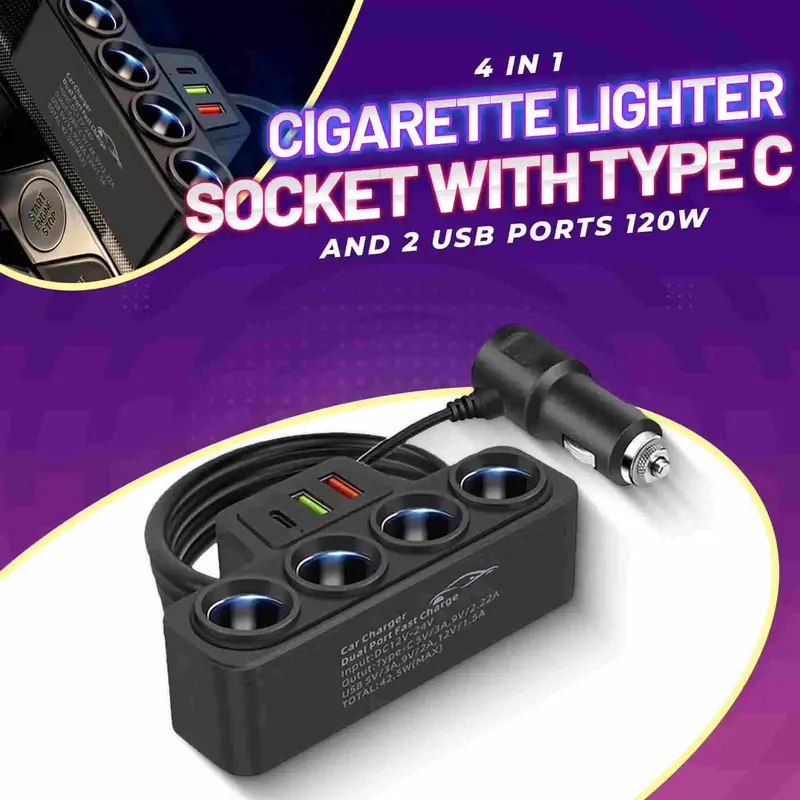 4 In 1 Cigarette Lighter Socket With Type C And 2 Usb Ports 120W 1
