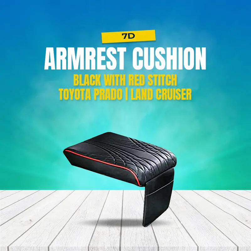 7D Armrest Cushion With Mobile Holder - Black With Red Stitch - Toyota Prado | Land Cruiser 1