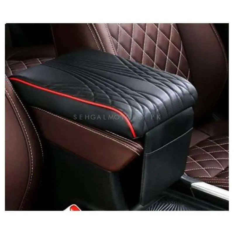 7D Armrest Cushion With Mobile Holder - Black With Red Stitch - Toyota Prado | Land Cruiser 2