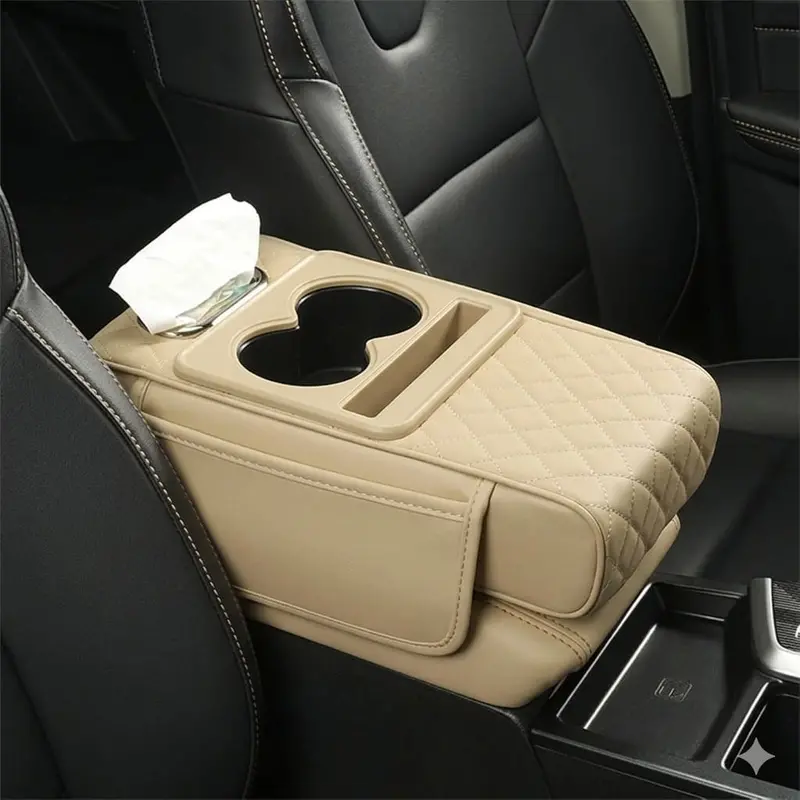 7D Texture Car Center Console Armrest Cushion Beige - With Tissue Box And Cup Holder 1