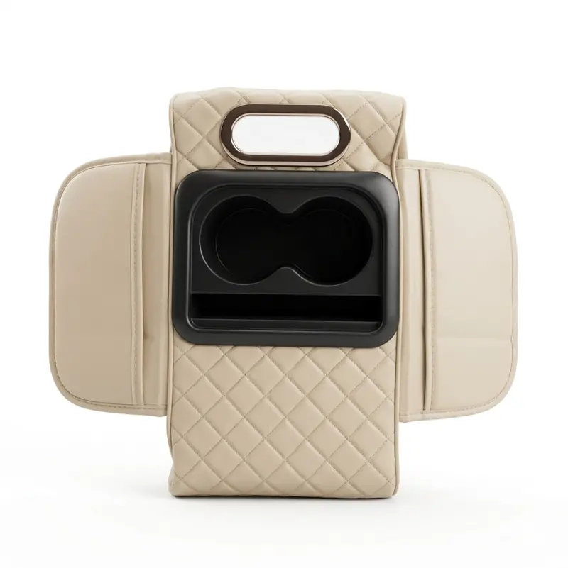7D Texture Car Center Console Armrest Cushion Beige - With Tissue Box And Cup Holder 2