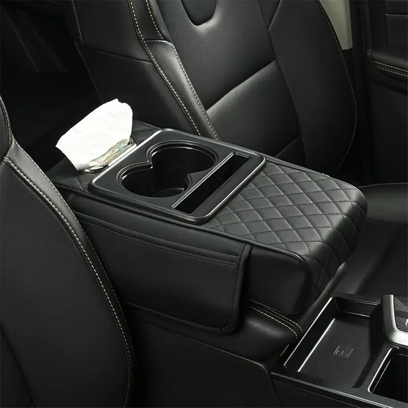 7D Texture Car Center Console Armrest Cushion Black - With Tissue Box And Cup Holder 1