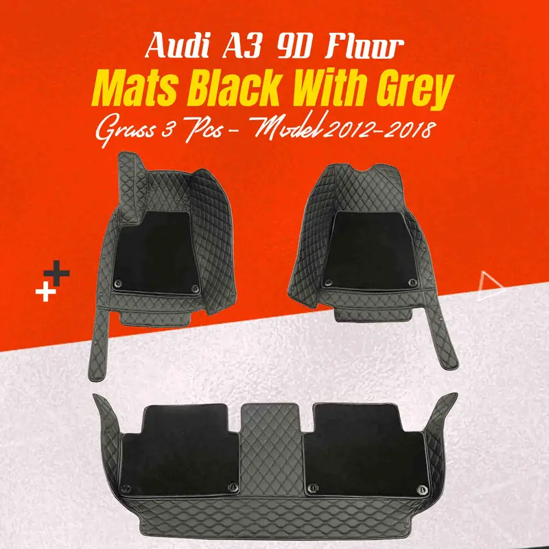 Audi A3 9D Floor Mats Mix Thread Grass 3 Pcs 2012 - 2021 - Black With Grey 1
