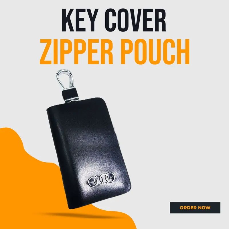 Audi Zipper Glossy Leather Key Cover Pouch Black With Keychain Ring 1