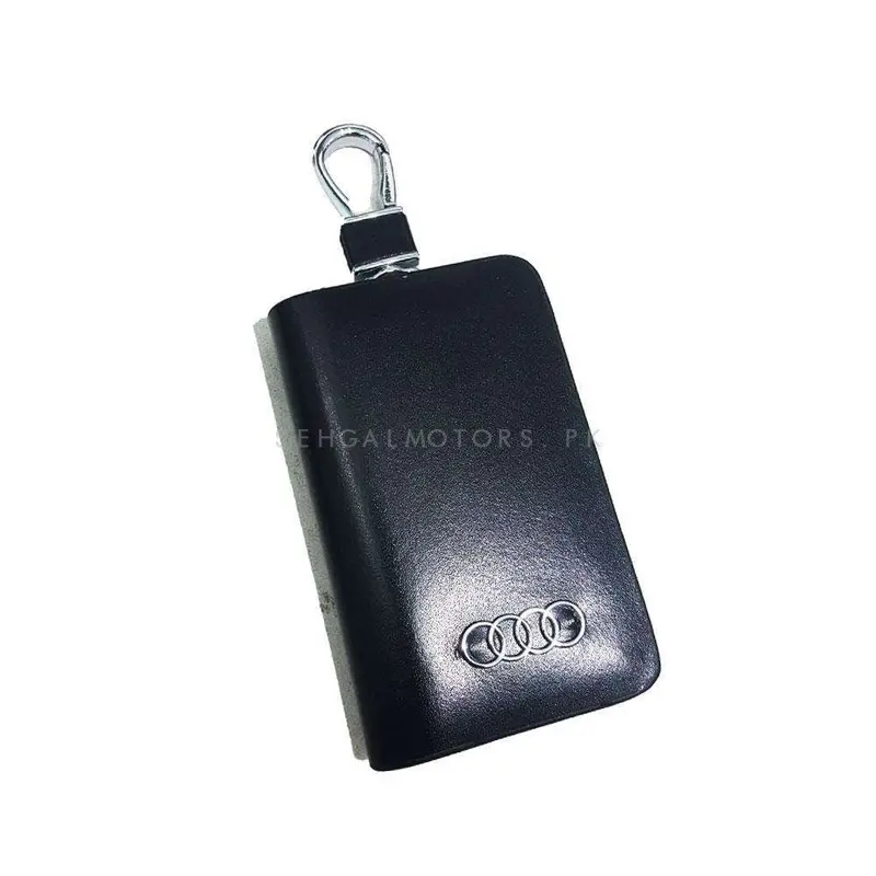Audi Zipper Glossy Leather Key Cover Pouch Black With Keychain Ring 2