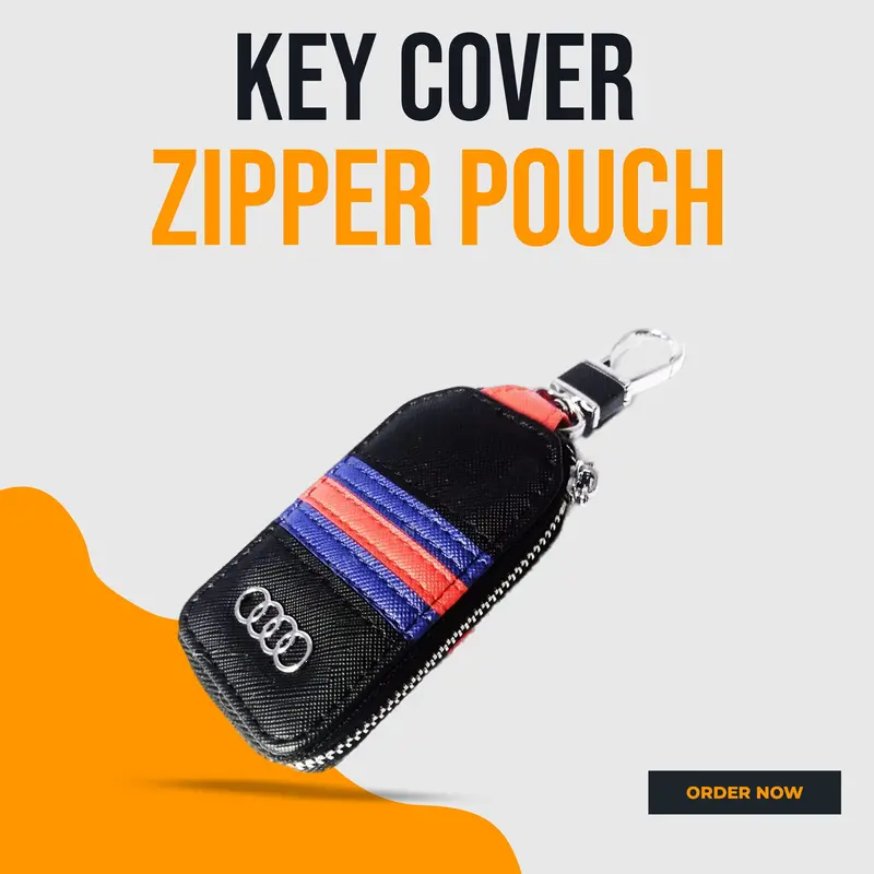 Audi Zipper Jeans Key Cover Pouch Black With Red Blue Strip Keychain - Ring 1