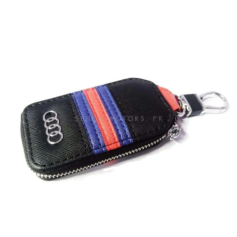 Audi Zipper Jeans Key Cover Pouch Black With Red Blue Strip Keychain - Ring 2