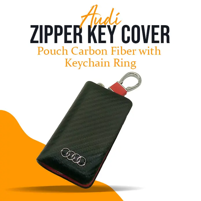 Audi Zipper Key Cover Pouch Carbon Fiber With Keychain Ring 1