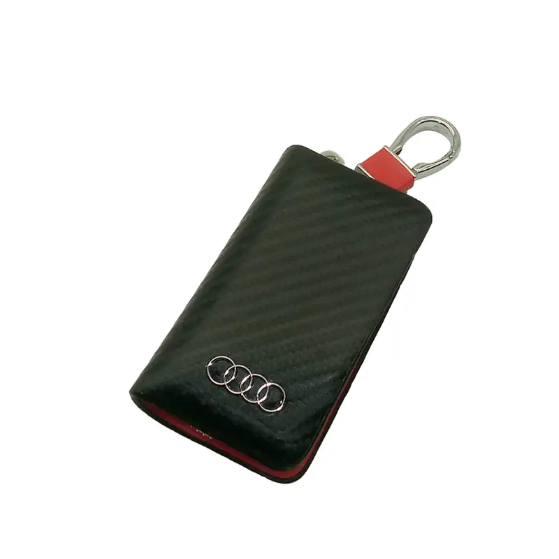 Audi Zipper Key Cover Pouch Carbon Fiber With Keychain Ring 2
