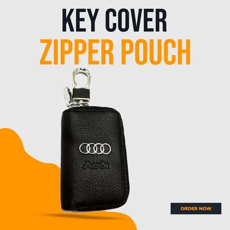 Audi Zipper Matte Leather Key Cover Pouch Black With Keychain Ring 1