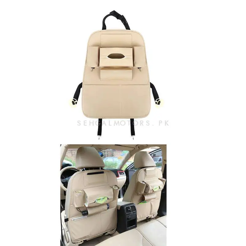 Back Seat Organizer Car Caddy In Leather Beige - Universal Storage Pockets Bag 2
