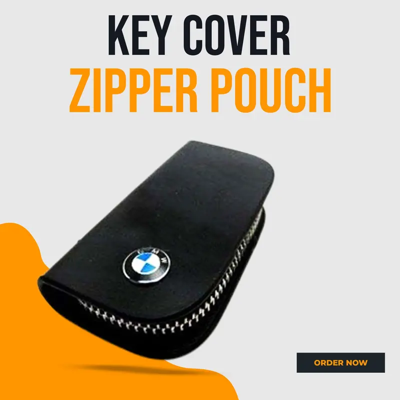 Bmw Zipper Glossy Leather Key Cover Pouch Black With Keychain Ring 1