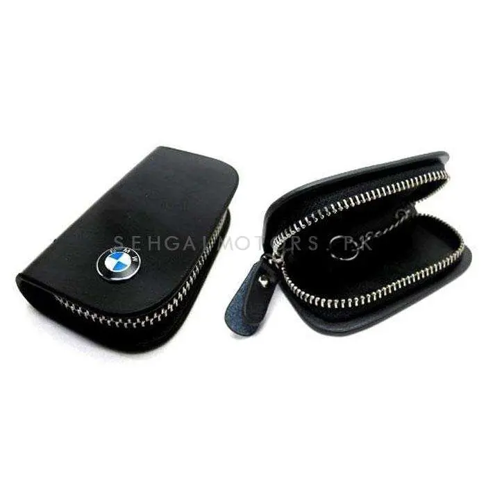 Bmw Zipper Glossy Leather Key Cover Pouch Black With Keychain Ring 2