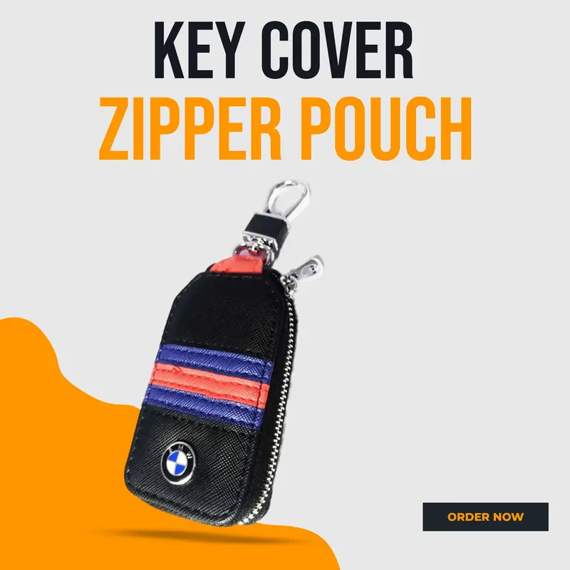 Bmw Zipper Jeans Key Cover Pouch Black With Red Blue Strip Keychain Ring 1