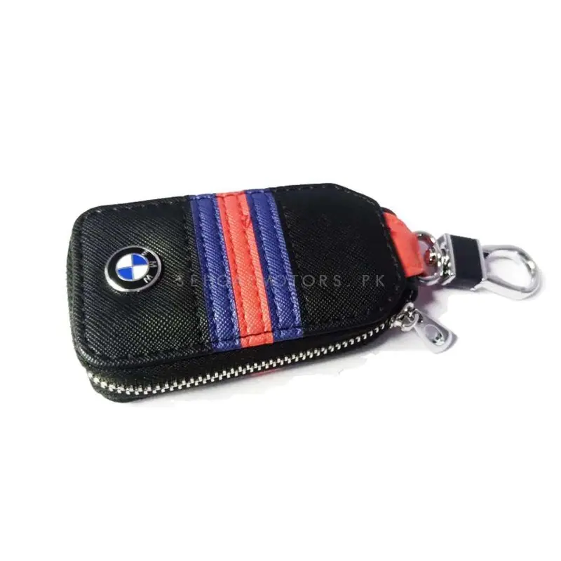 Bmw Zipper Jeans Key Cover Pouch Black With Red Blue Strip Keychain Ring 2