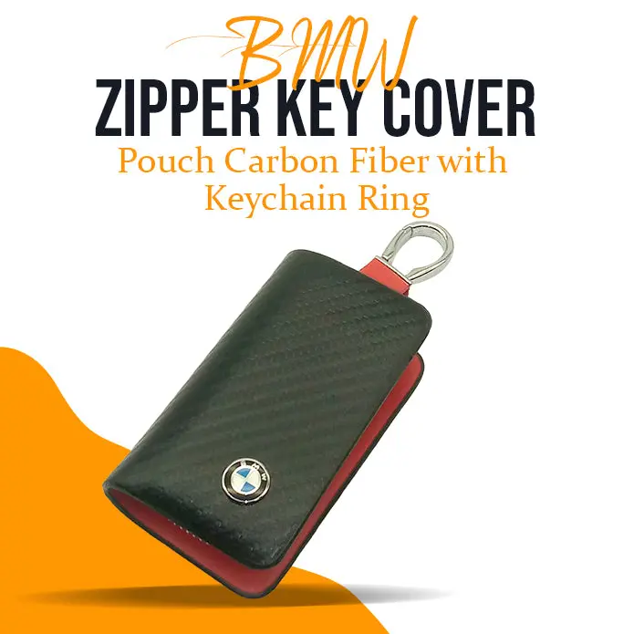 Bmw Zipper Key Cover Pouch Carbon Fiber With Keychain Ring 1
