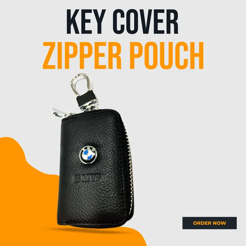 Bmw Zipper Matte Leather Key Cover Pouch Black With Keychain Ring 1