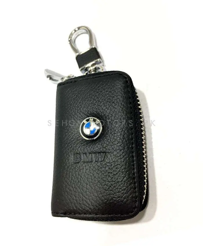 Bmw Zipper Matte Leather Key Cover Pouch Black With Keychain Ring 2