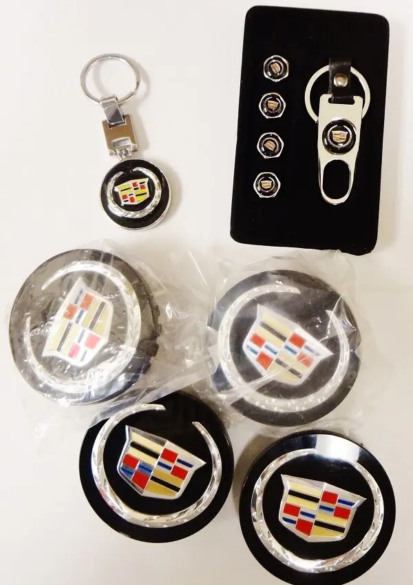 Cadillac Black Center Cap, Valve Caps And Keychain Set 1