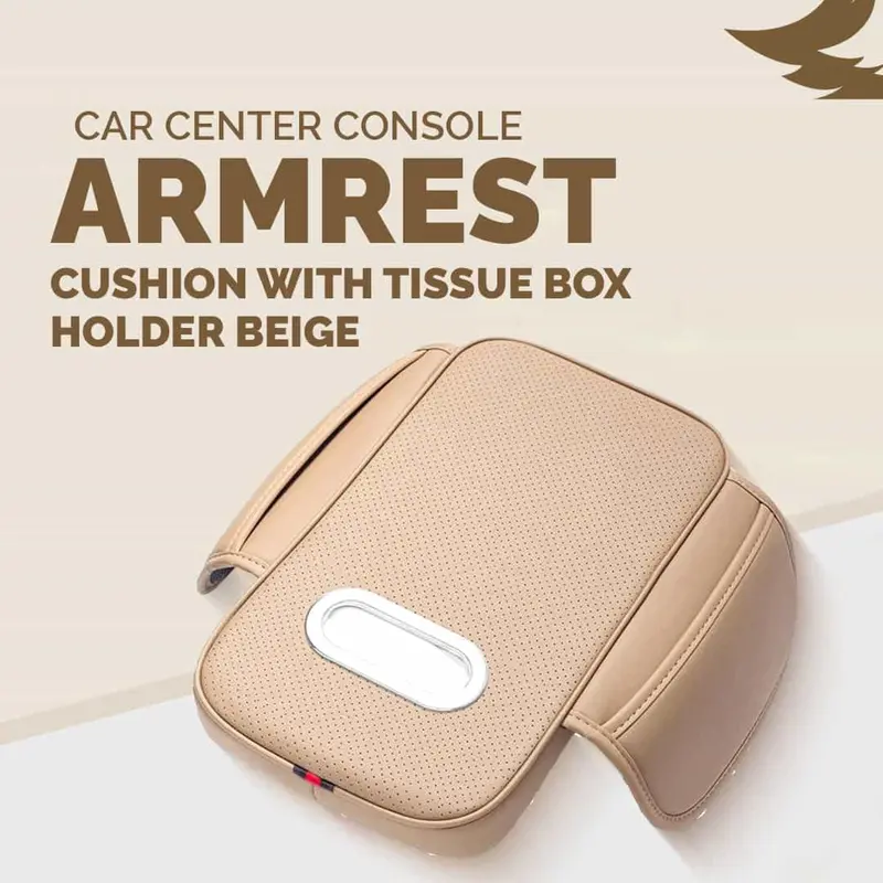 Car Center Console Armrest Cushion With Tissue Box Holder Beige 1