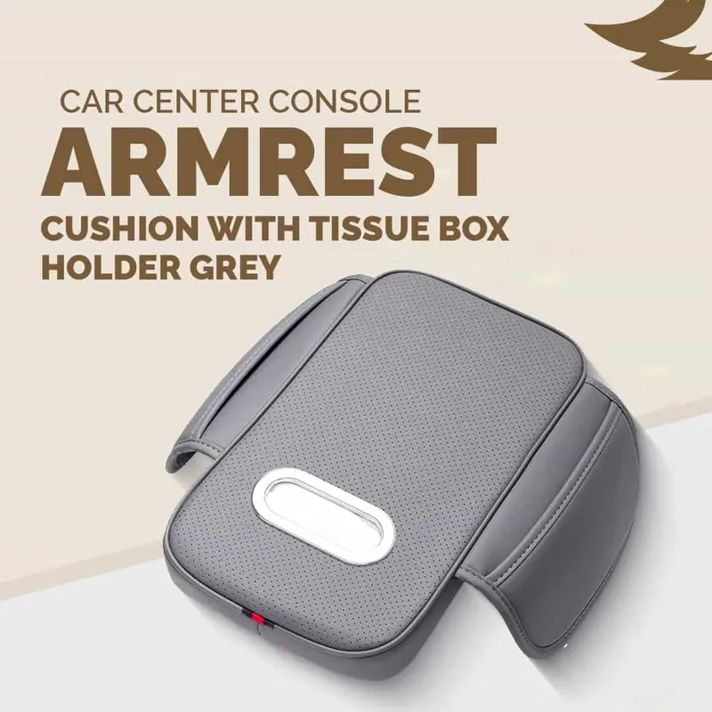Car Center Console Armrest Cushion With Tissue Box Holder Grey 1