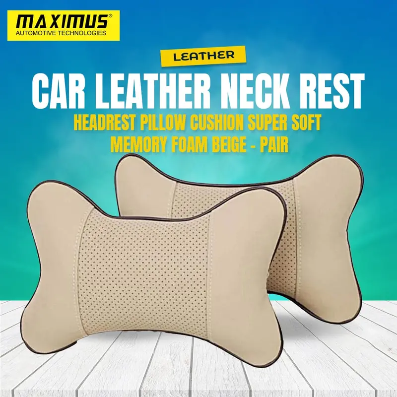 Car Leather Neck Rest Headrest Pillow Cushion Beige - Pair - - Super Soft Memory Foam 1