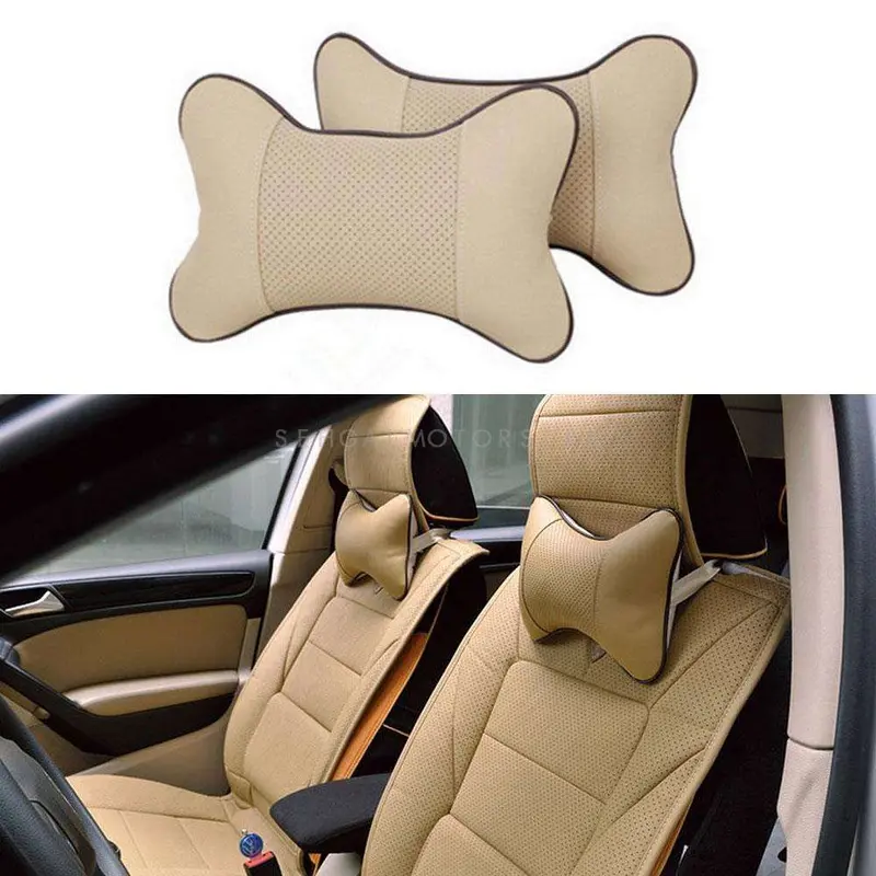 Car Leather Neck Rest Headrest Pillow Cushion Beige - Pair - - Super Soft Memory Foam 2