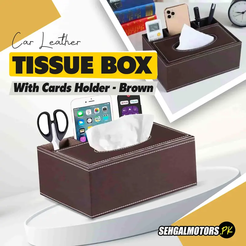 Car Leather Tissue Box With Cards Holder - Brown 1