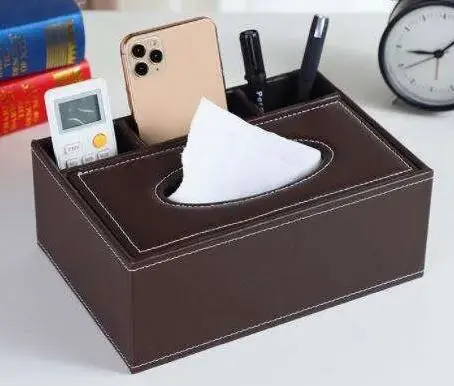 Car Leather Tissue Box With Cards Holder - Brown 2