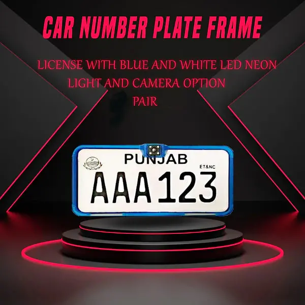 Car Number Plate License Frame With Blue And White Led Neon Light And Camera Option Pair 1