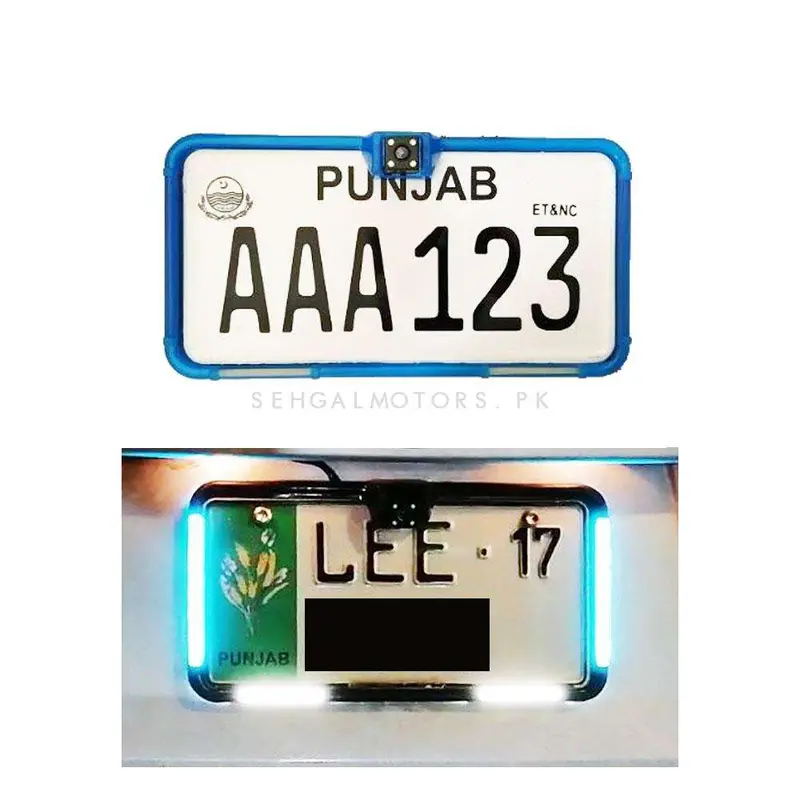 Car Number Plate License Frame With Blue And White Led Neon Light And Camera Option Pair 2