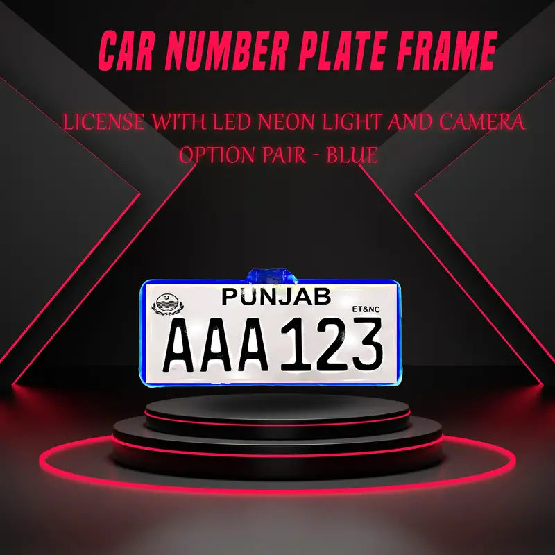 Car Number Plate License Frame With Led Neon Light And Camera Option - - Pair - Blue 1