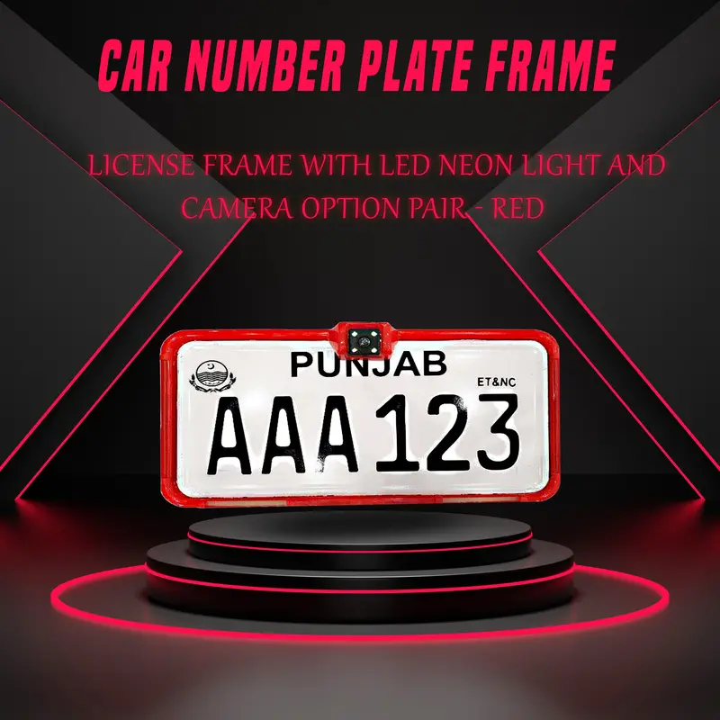 Car Number Plate License Frame With Led Neon Light Pair - Red - - Camera Option 1