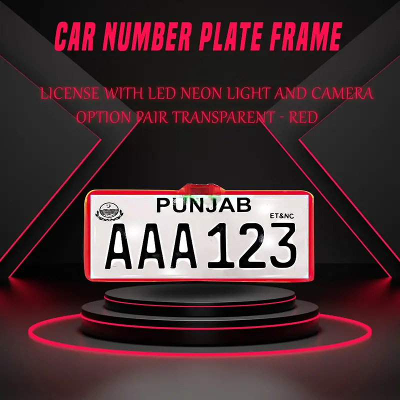 Car Number Plate License Frame With Led Neon Light Pair- Red - - Camera Option - Transparent 1