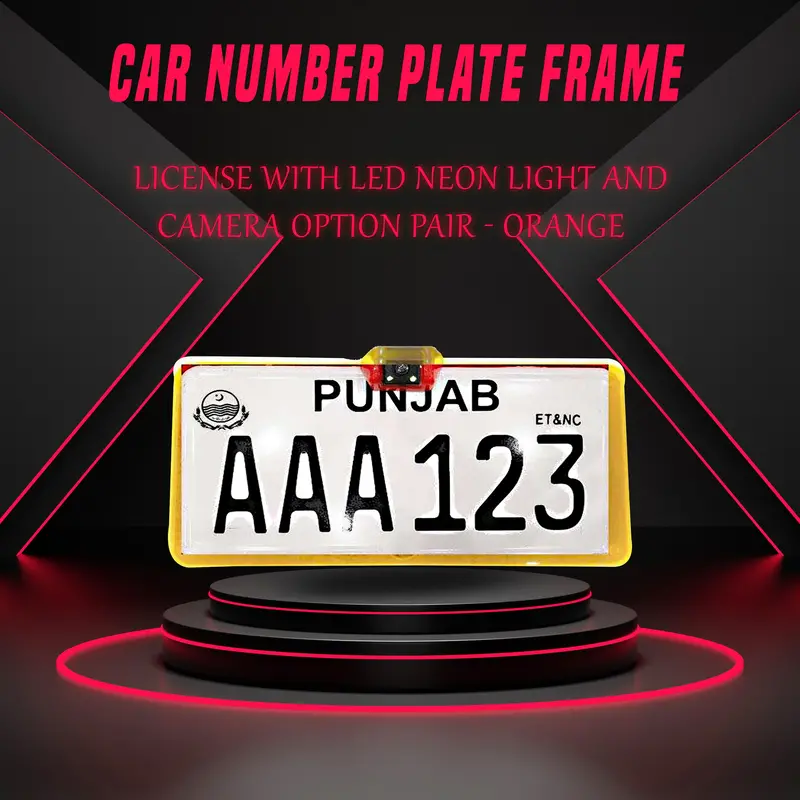 Car Number Plate License Frame With Led Pair - Orange - - Neon Light And Camera Option 1