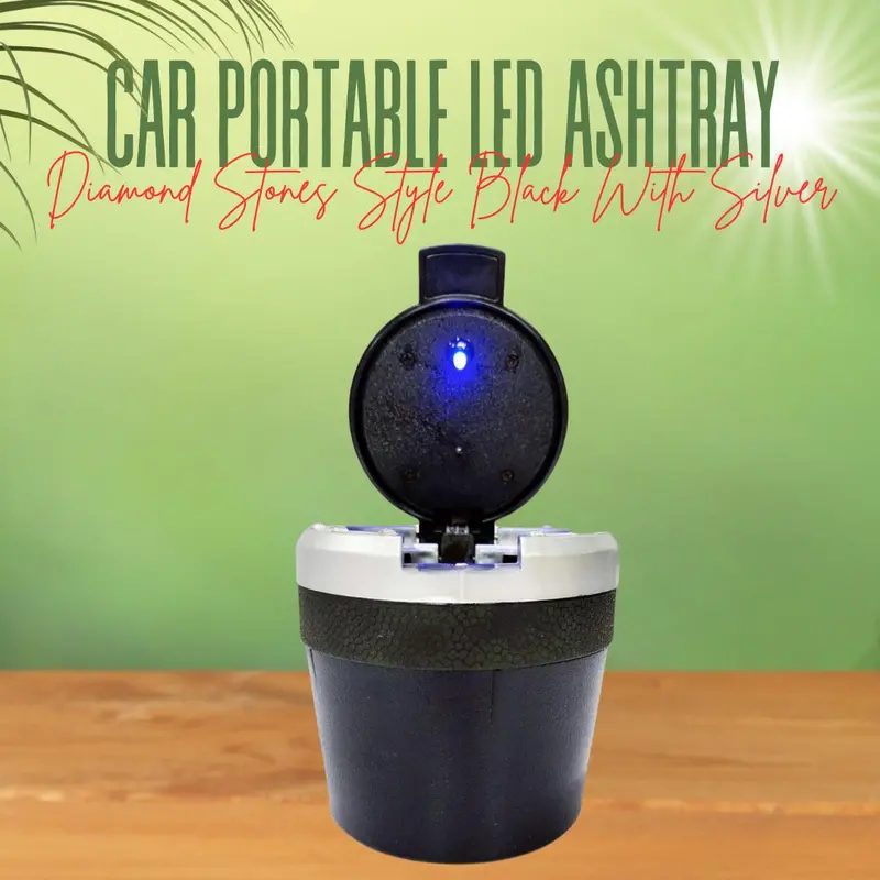 Car Portable Led Ashtray Diamond Stones Style Black With Silver 1