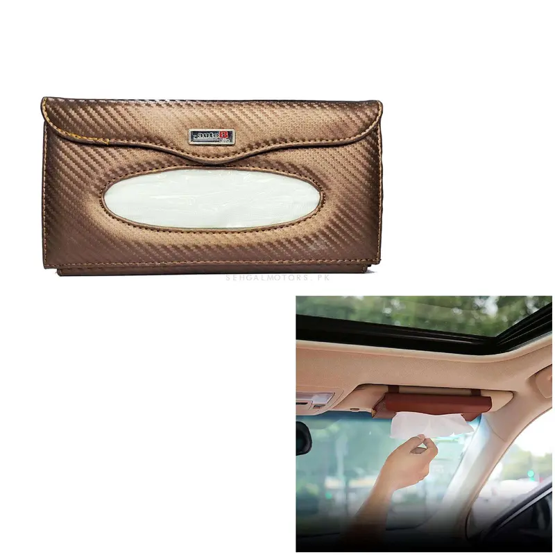 Car Sunvisor Tissue Box Slim Style Carbon Fiber Brown 2