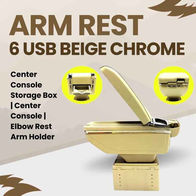 Car Universal Arm Rest 6 Usb Beige Chrome - Center Console Storage Box | Center Console | Elbow Rest Arm Holder 1