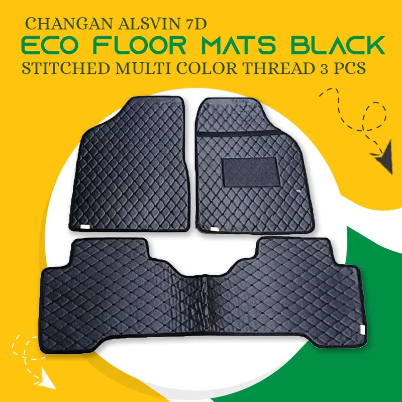 Changan Alsvin 7D Eco Floor Mats Black 2021 - 2025 - Stitched Multicolor Thread 3 Pcs 1