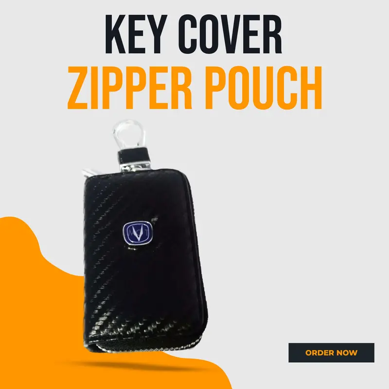Changan Zipper Carbon Fiber Leather Key Cover Pouch - Black With Keychain Ring 1