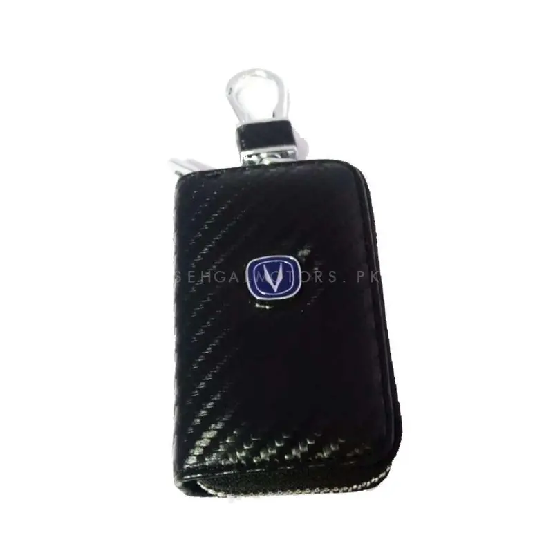 Changan Zipper Carbon Fiber Leather Key Cover Pouch - Black With Keychain Ring 2