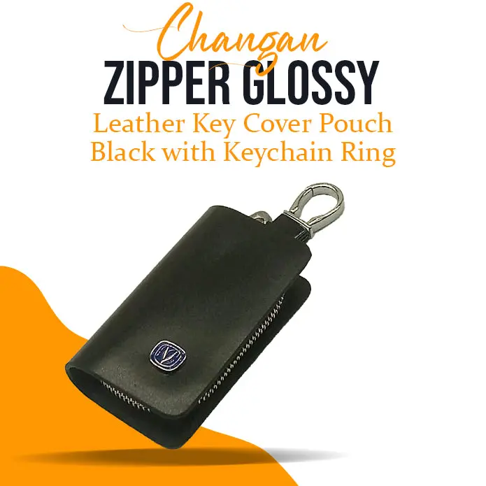Changan Zipper Glossy Leather Key Cover Pouch Black With Keychain Ring 1