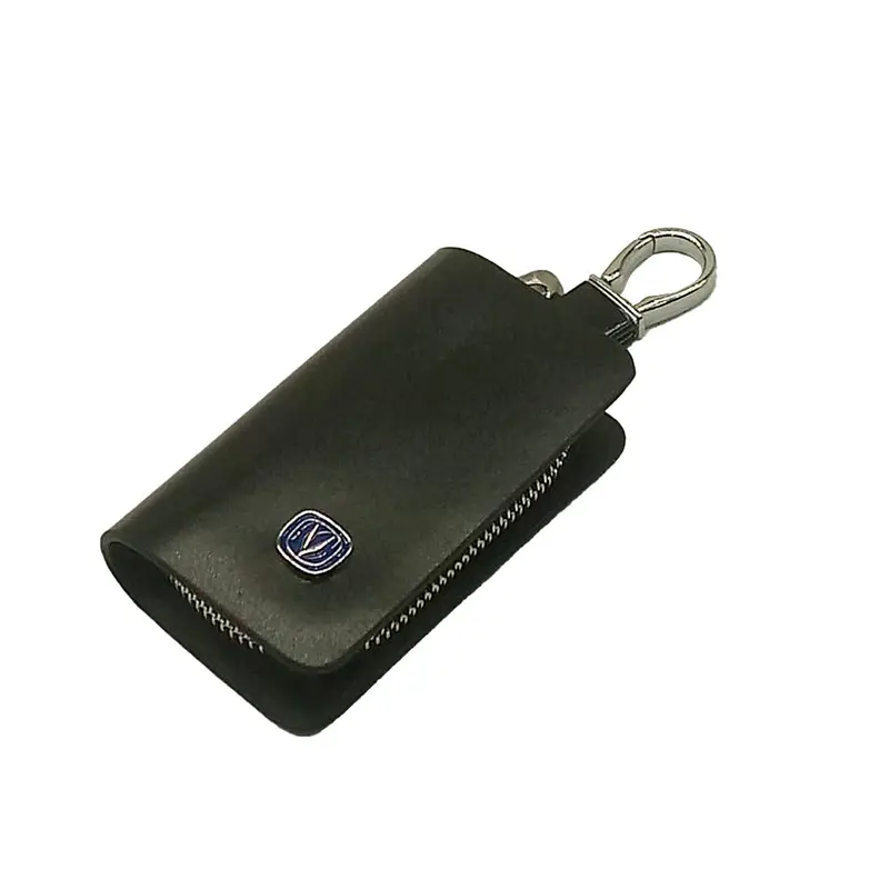 Changan Zipper Glossy Leather Key Cover Pouch Black With Keychain Ring 2