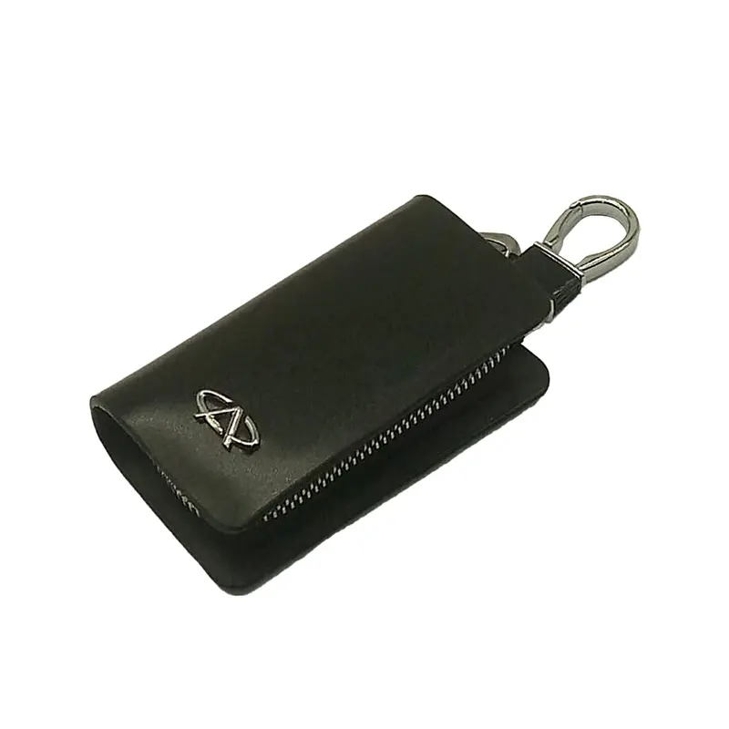 Chery Zipper Glossy Leather Key Cover Pouch Black With Keychain Ring 2