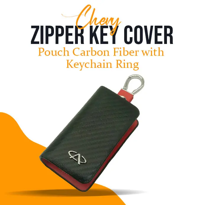 Chery Zipper Key Cover Pouch Carbon Fiber With Keychain Ring 1