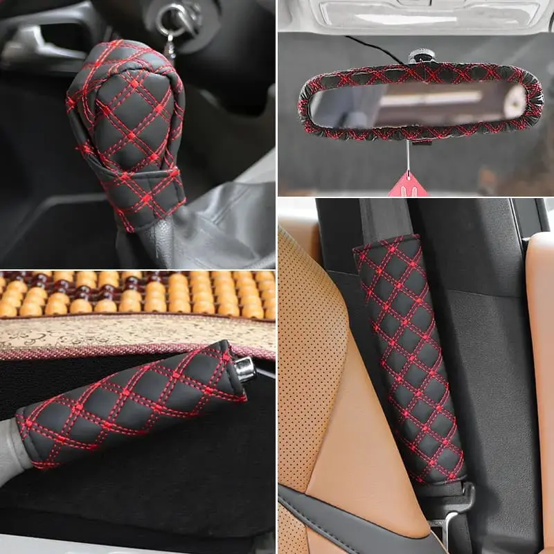 Covers For Car Interior 5 Pcs - Multi - Leather Car Interior Rear View Mirror Auto Car Shift Cover Handbrake Suit Car Accessories 2