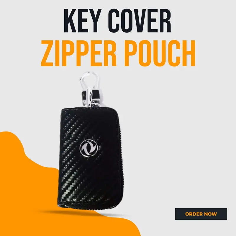 Dfsk Zipper Carbon Fiber Leather Key Cover Pouch Black With Keychain - Ring 1