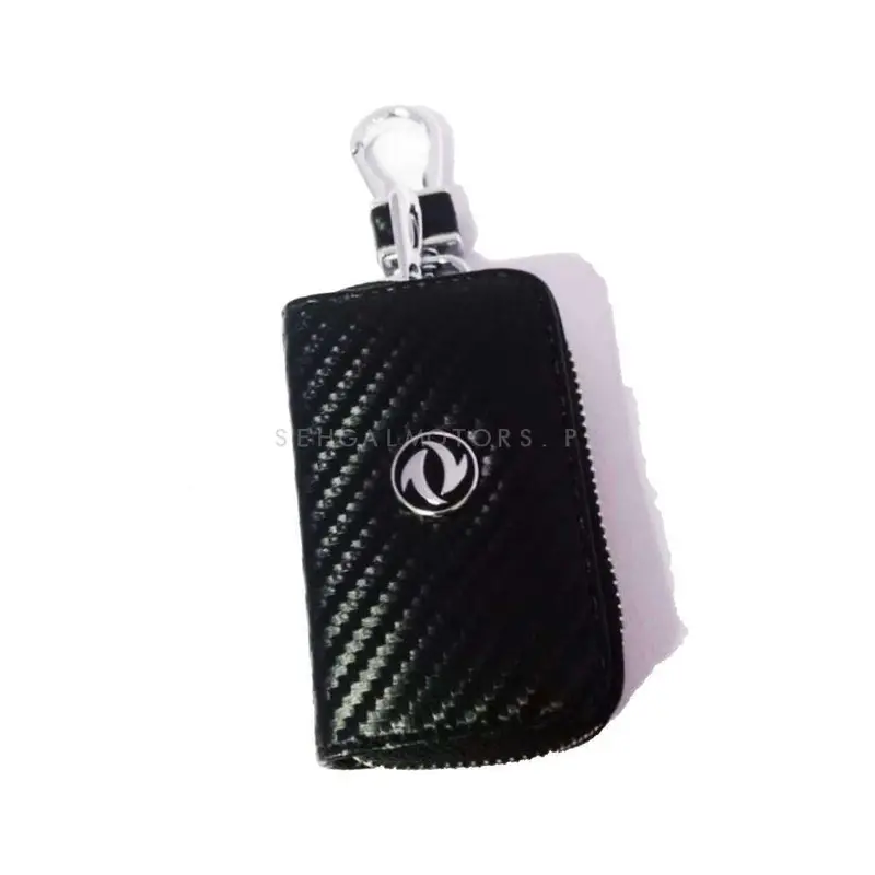 Dfsk Zipper Carbon Fiber Leather Key Cover Pouch Black With Keychain - Ring 2